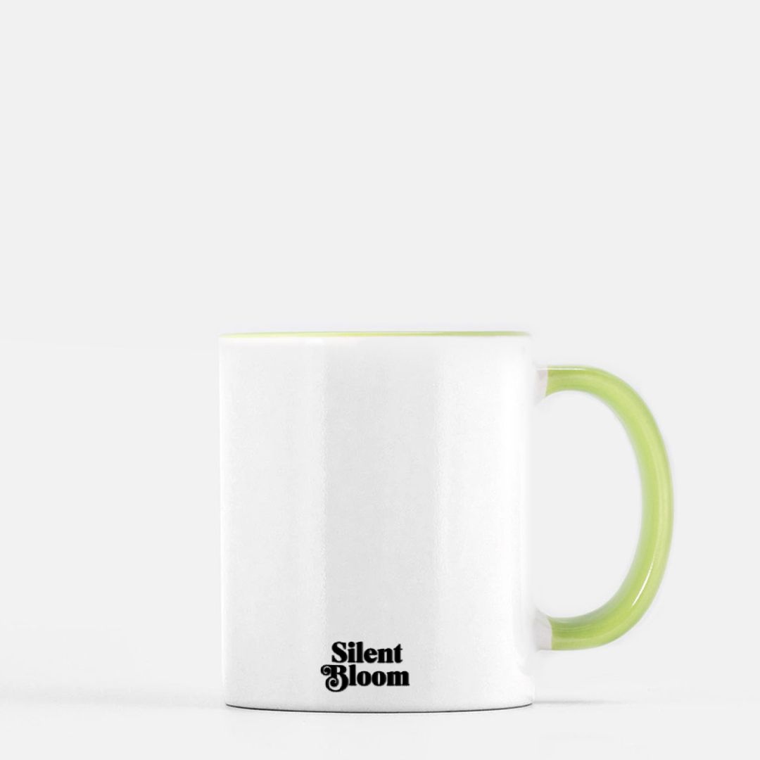 11oz Coffee and Silence-White w/ Green Handle Mug
