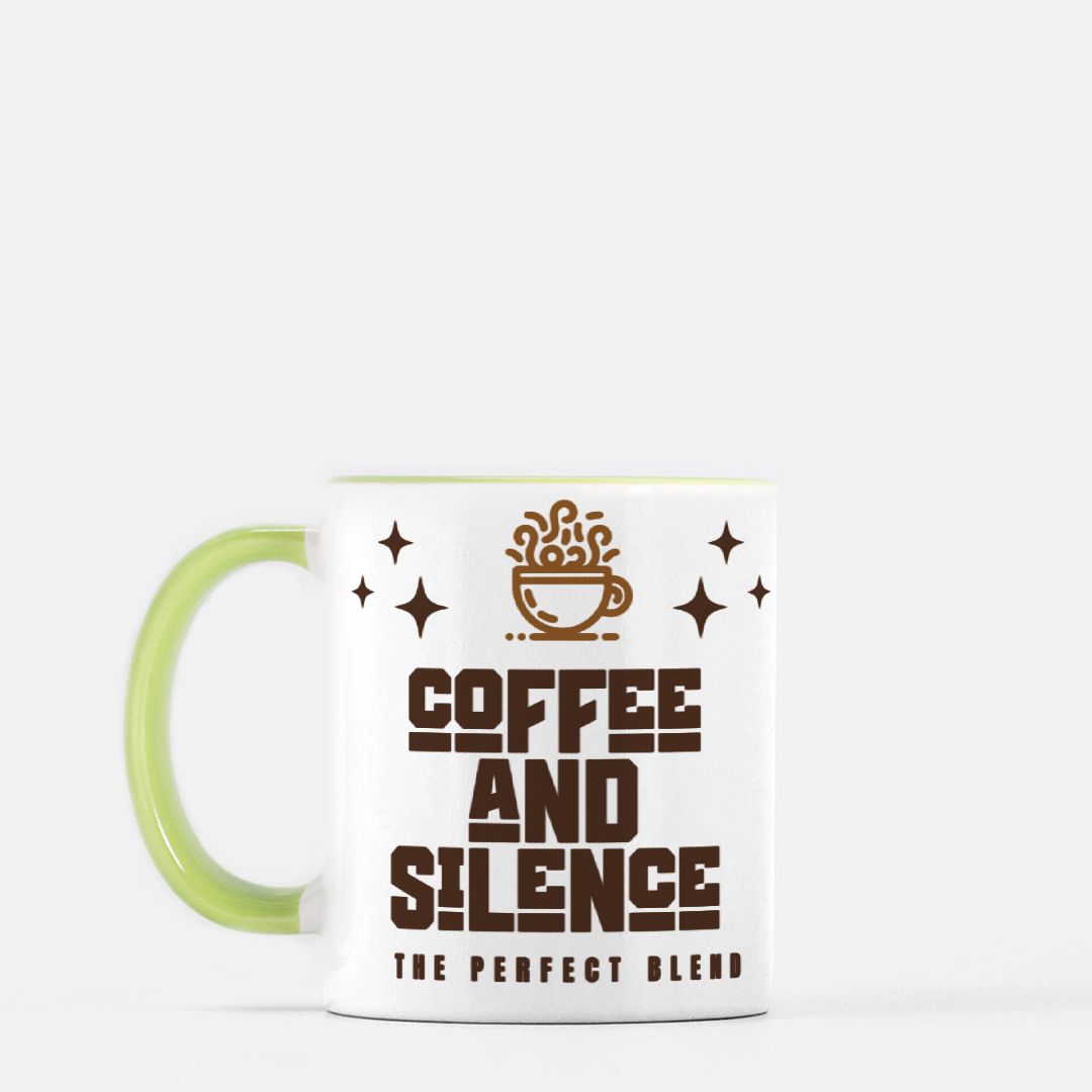 11oz Coffee and Silence-White w/ Green Handle Mug